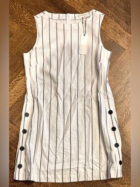 HABITUAL Striped Sleeveless Dress Small Button Detail Neutral Linen Look